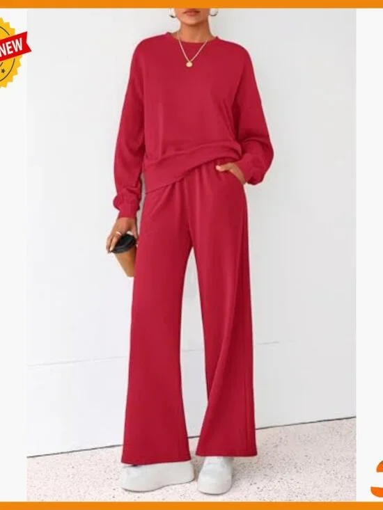 Loose Fit Sweatsuit Set, Crewneck Sweatshirt & Wide Leg Sweatpants, 2 Piece - Picture 3 of 7